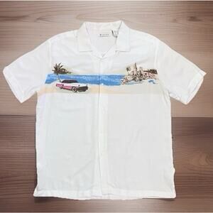 Cubavera Tropical Chest Print Camp Collar Shirt Bright White - Retro Beach Scene